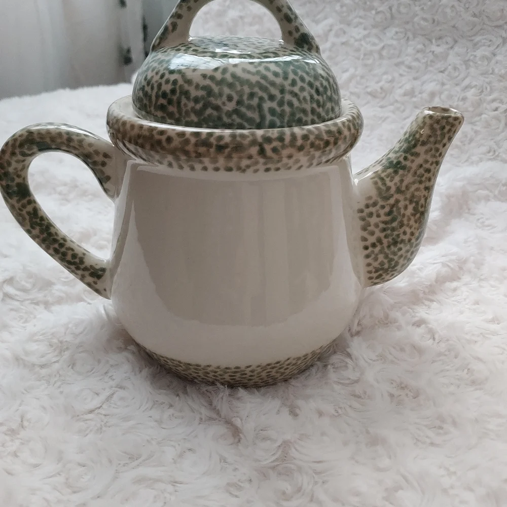 Petite Ceramic Teapot Green Speckled Apple Design Cottagecore Grandmacore